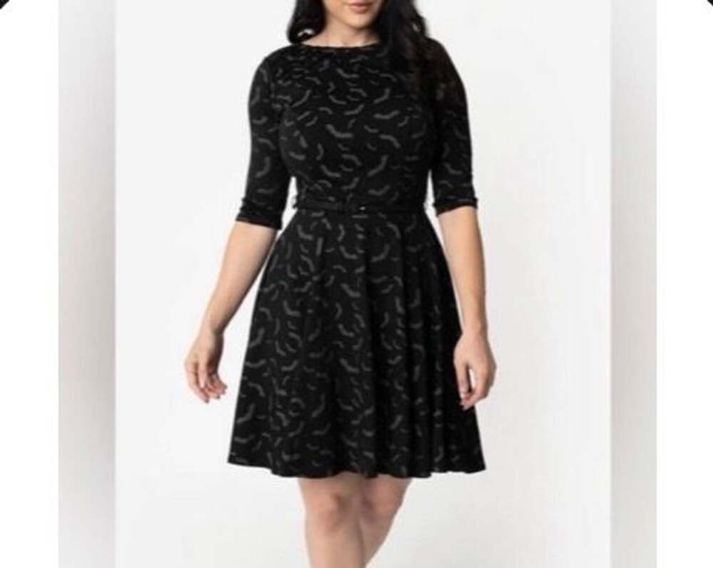 Unique Vintage Stephanie Bat Print Dress Sz XS/2 Black Halloween Goth Whimsical